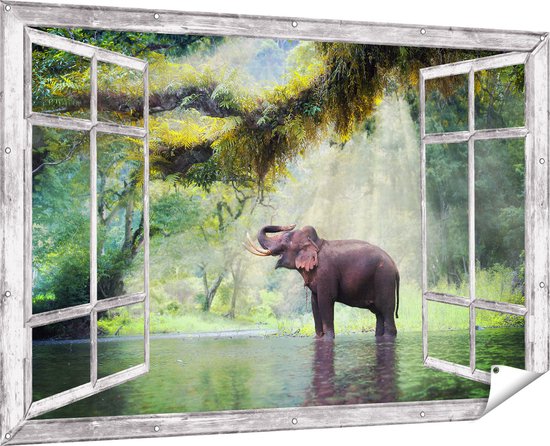 Gards Tuinposter Doorkijk Vrolijke Olifant in het Water - 180x120 cm - Tuindoek - Tuindecoratie - Wanddecoratie buiten - Tuinschilderij