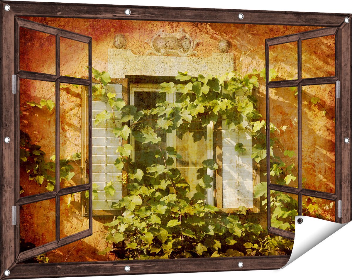 Gards Tuinposter Doorkijk Raam met Luiken - 120x80 cm - Tuindoek - Tuindecoratie - Wanddecoratie buiten - Tuinschilderij Donker bruin