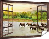 Gards Tuinposter Doorkijk Kudde Olifanten in het Water - 150x100 cm - Tuindoek - Tuindecoratie - Wanddecoratie buiten - Tuinschilderij