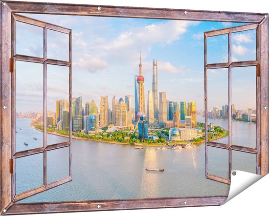 Gards Tuinposter Doorkijk Skyline Shanghai Stad in China - 150x100 cm - Tuindoek - Tuindecoratie - Wanddecoratie buiten - Tuinschilderij