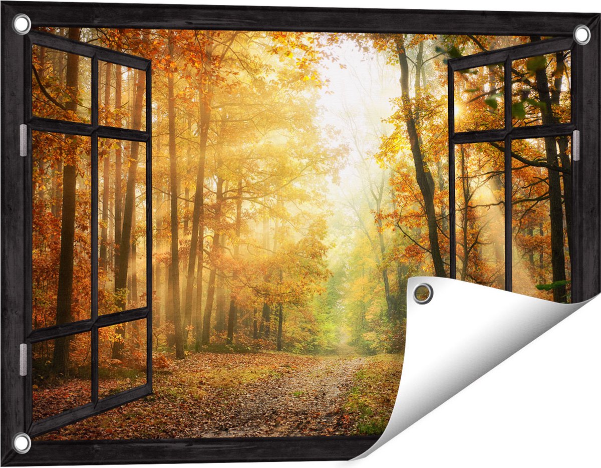 Gards Tuinposter Doorkijk Herfstbos met Zonneschijn - 60x40 cm - Tuindoek - Tuindecoratie - Wanddecoratie buiten - Tuinschilderij Zwart