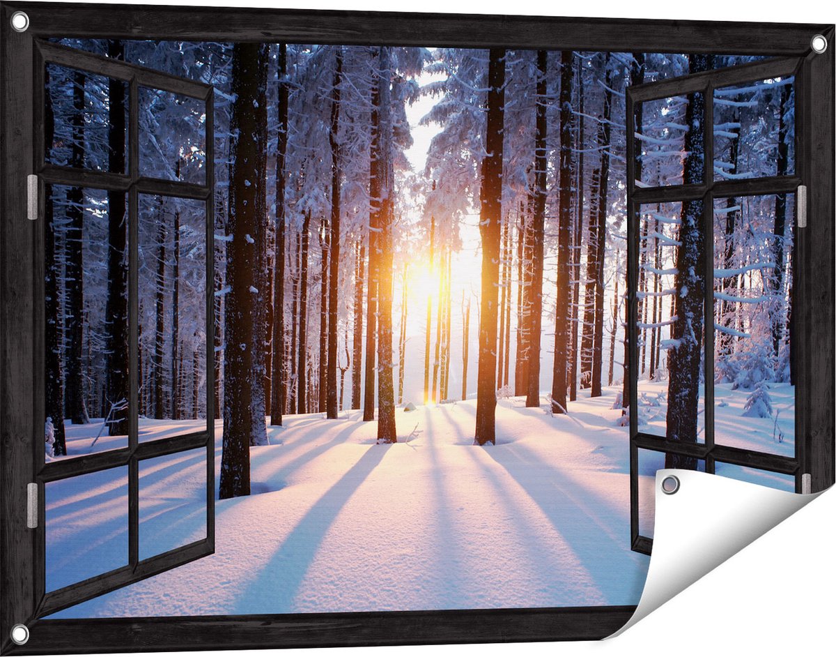Gards Tuinposter Doorkijk Bos met Sneeuw tijdens de Zonsondergang - 90x60 cm - Tuindoek - Tuindecoratie - Wanddecoratie buiten - Tuinschilderij Zwart
