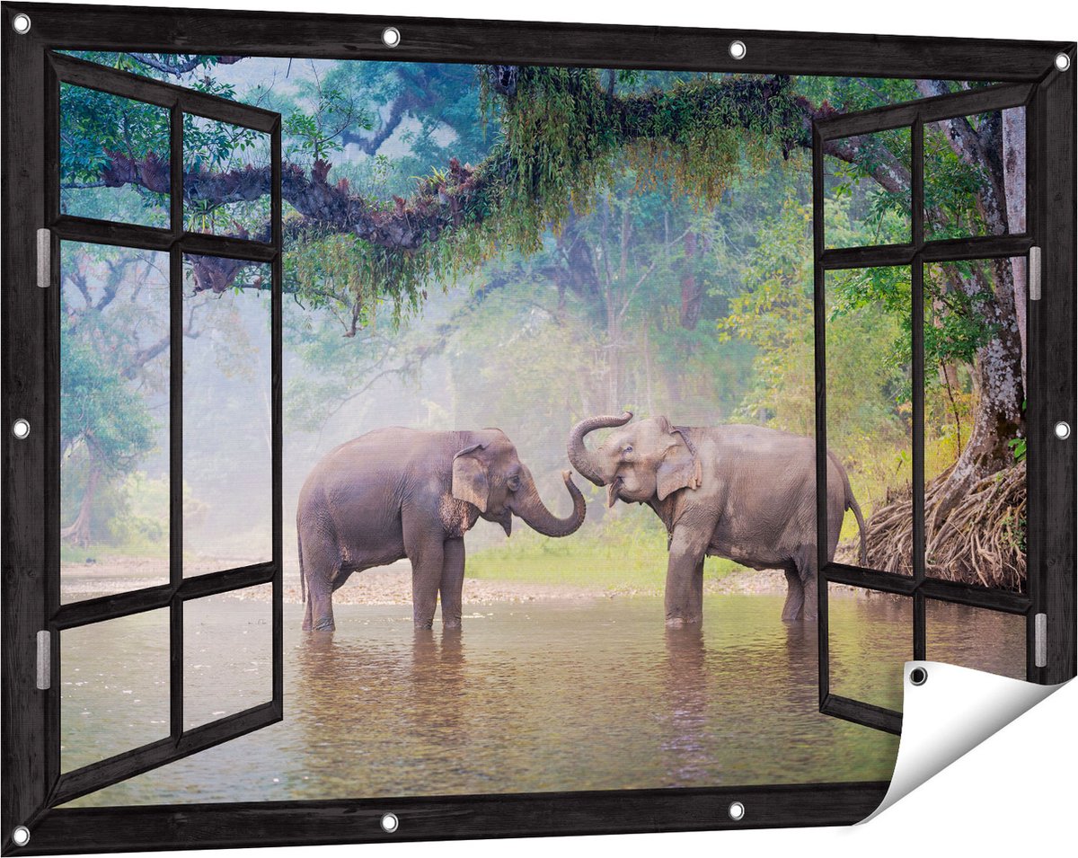 Gards Tuinposter Doorkijk Twee Olifanten in het Water - 120x80 cm - Tuindoek - Tuindecoratie - Wanddecoratie buiten - Tuinschilderij Zwart