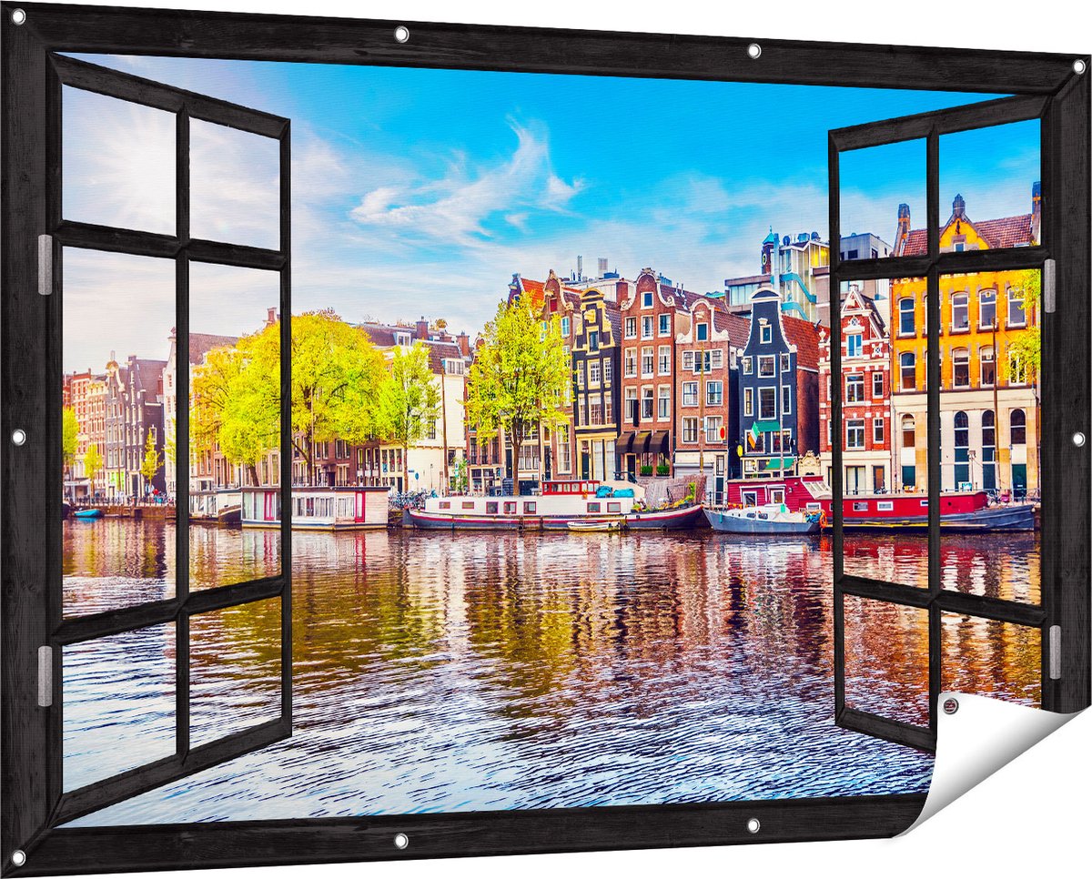 Gards Tuinposter Doorkijk Amsterdamse Huisjes aan het Water - 150x100 cm - Tuindoek - Tuindecoratie - Wanddecoratie buiten - Tuinschilderij Zwart