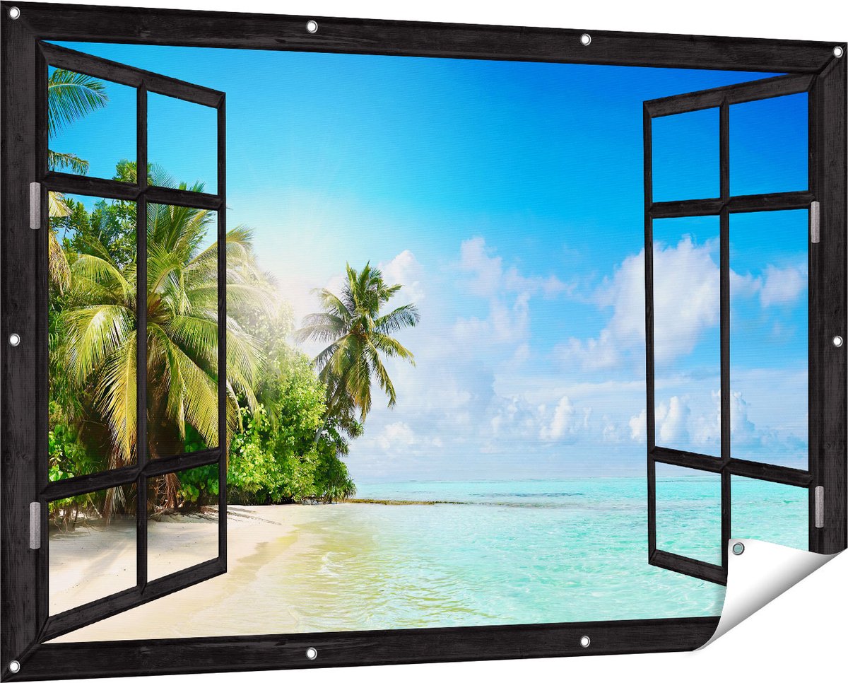Gards Tuinposter Doorkijk Tropisch Strand bij de Licht Blauwe Zee - 150x100 cm - Tuindoek - Tuindecoratie - Wanddecoratie buiten - Tuinschilderij Zwart