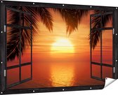 Gards Tuinposter Doorkijk Zonsondergang op het Strand met Palmbomen - 180x120 cm - Tuindoek - Tuindecoratie - Wanddecoratie buiten - Tuinschilderij