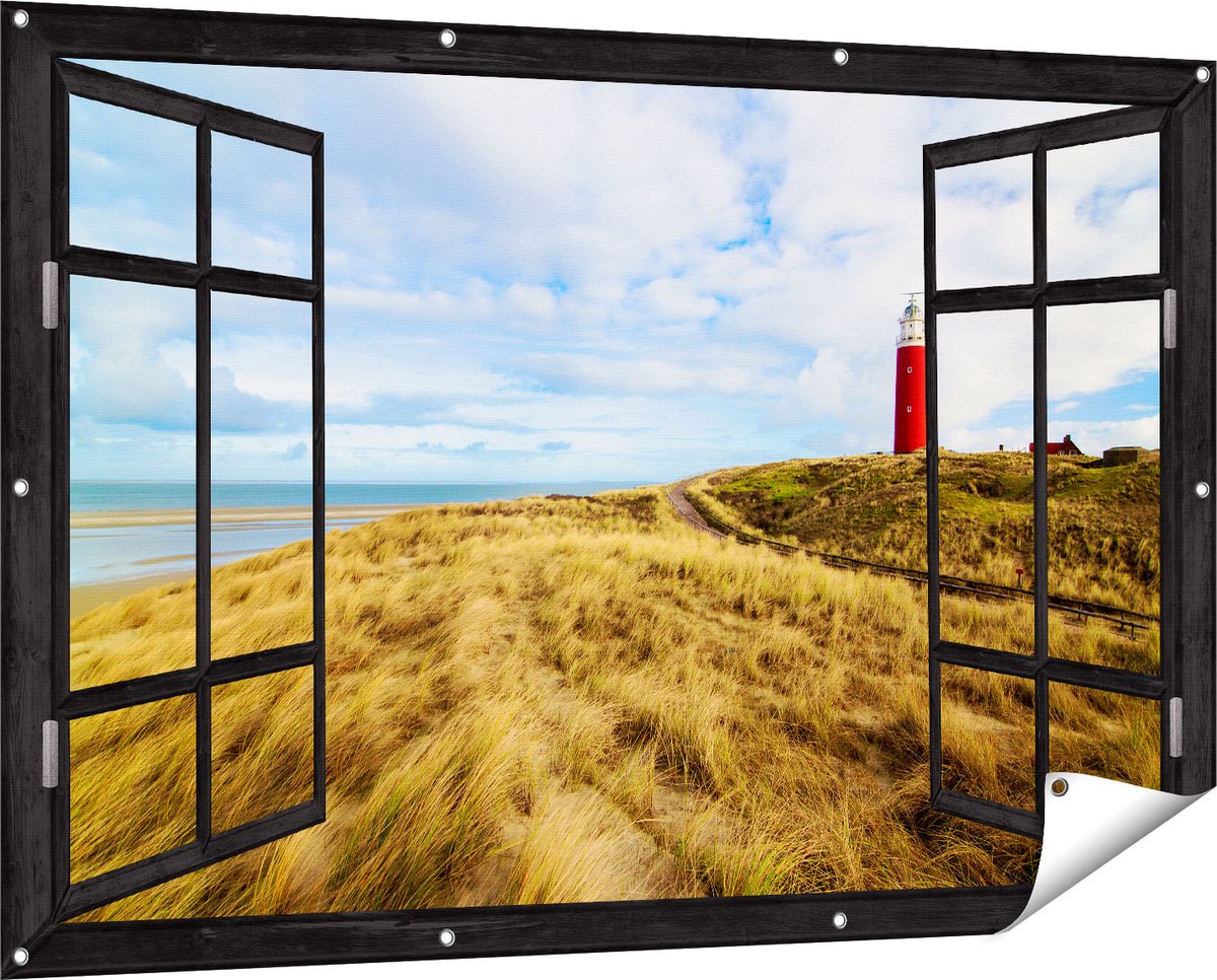 Gards Tuinposter Doorkijk Vuurtoren met Duinen in Texel - 150x100 cm - Tuindoek - Tuindecoratie - Wanddecoratie buiten - Tuinschilderij zwart