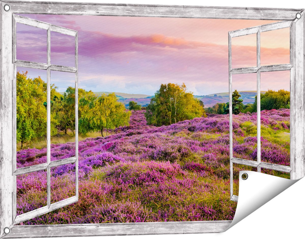 Gards Tuinposter Doorkijk Paarse Weide - 90x60 cm - Tuindoek - Tuindecoratie - Wanddecoratie buiten - Tuinschilderij Grijs