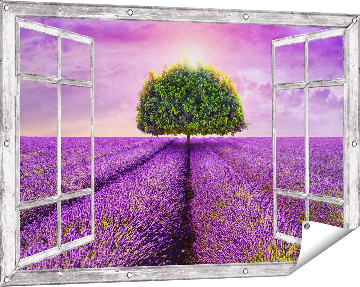 Gards Tuinposter Doorkijk Groene Boom in de Lavendel Bloemen - 120x80 cm - Tuindoek - Tuindecoratie - Wanddecoratie buiten - Tuinschilderij Grijs
