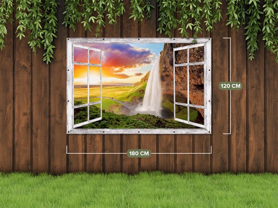 Gards Tuinposter Doorkijk Waterval in IJsland met Zonsondergang - 180x120 cm - Tuindoek - Tuindecoratie - Wanddecoratie buiten - Tuinschilderij