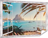 Gards Tuinposter Doorkijk Ibiza Cala d'Hort Strand - 150x100 cm - Tuindoek - Tuindecoratie - Wanddecoratie buiten - Tuinschilderij