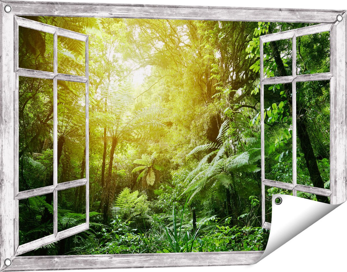 Gards Tuinposter Doorkijk Tropische Jungle met Zonneschijn - 90x60 cm - Tuindoek - Tuindecoratie - Wanddecoratie buiten - Tuinschilderij grijs