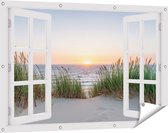 Gards Tuinposter Doorkijk Zee vanuit Duinen met Zonsondergang - 120x80 cm - Tuindoek - Tuindecoratie - Wanddecoratie buiten - Tuinschilderij
