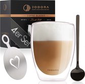 Jodora - Set van 4 dubbelwandige/thermische tassen voor thee/koffie/latte - 350 ml met 4 zwarte lepels en sjabloon