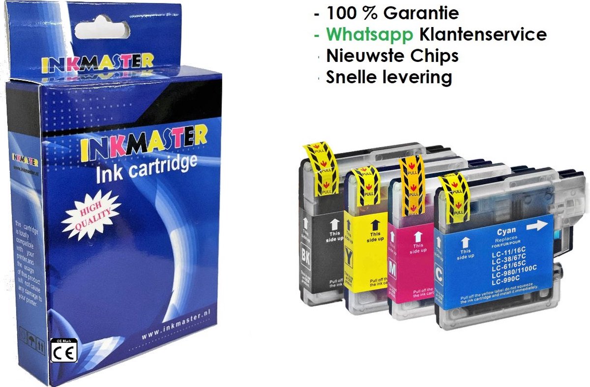 Inkmaster premium Huismerk XL Brother inkt cartridge, LC1100 LC980 Multi pack van 4 stuks (1 x zwart, 1x C,M,Y)