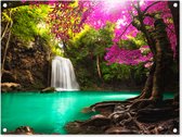 Tuinposter waterval - Bomen - Bladeren - Roze - Natuur - Tuinschilderij voor buiten - Tuindecoratie - Schutting decoratie - 80x60 cm - Tuin - Tuindoek - Schuttingdoek - Tuinposters