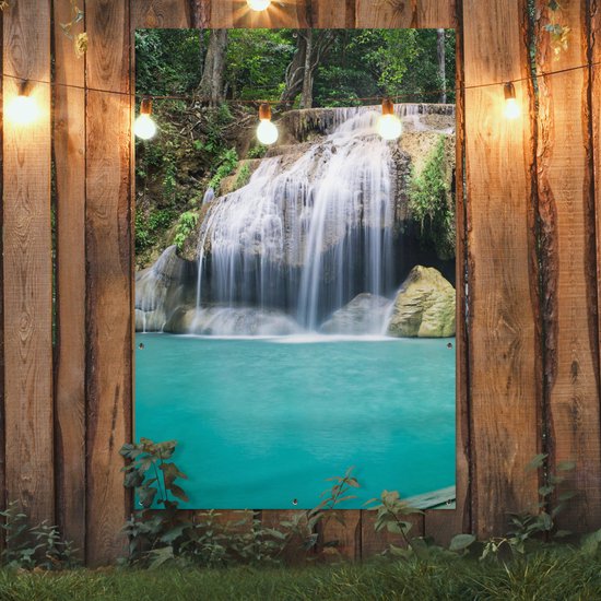 Affiche jardin - Cascade - Water - Nature - Pierre - Arbres - 120x180 cm - Toile jardin - Affiche clôture