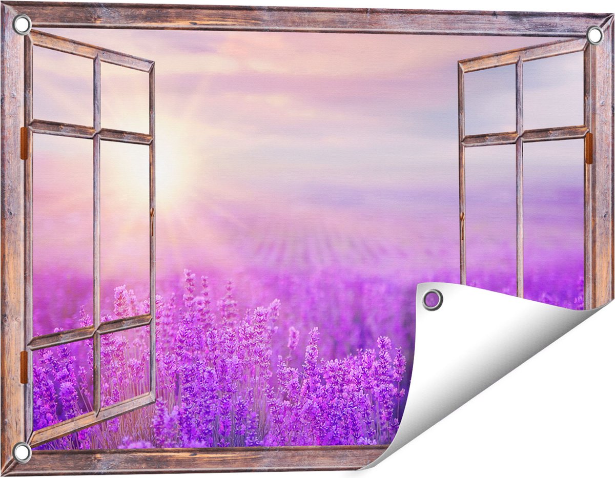 Gards Tuinposter Doorkijk Bloemenveld met Paarse Lavendel - 60x40 cm - Tuindoek - Tuindecoratie - Wanddecoratie buiten - Tuinschilderij