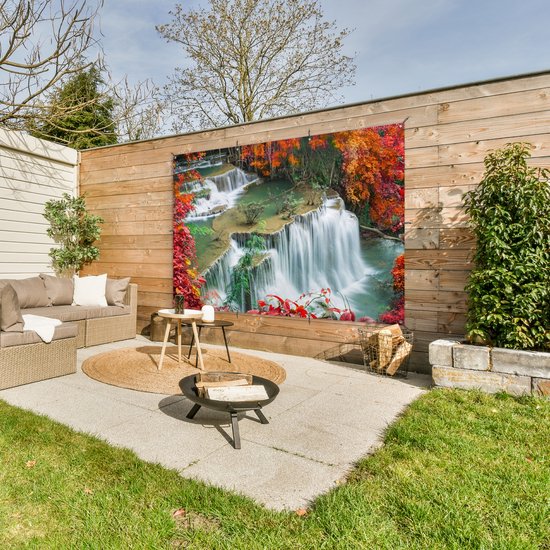 Tuinposter - Waterval - Natuur - Water - Oranje - Rood - Bladeren - 180x120 cm - Tuin - Tuindoek - Tuindecoratie - Tuinposter waterval