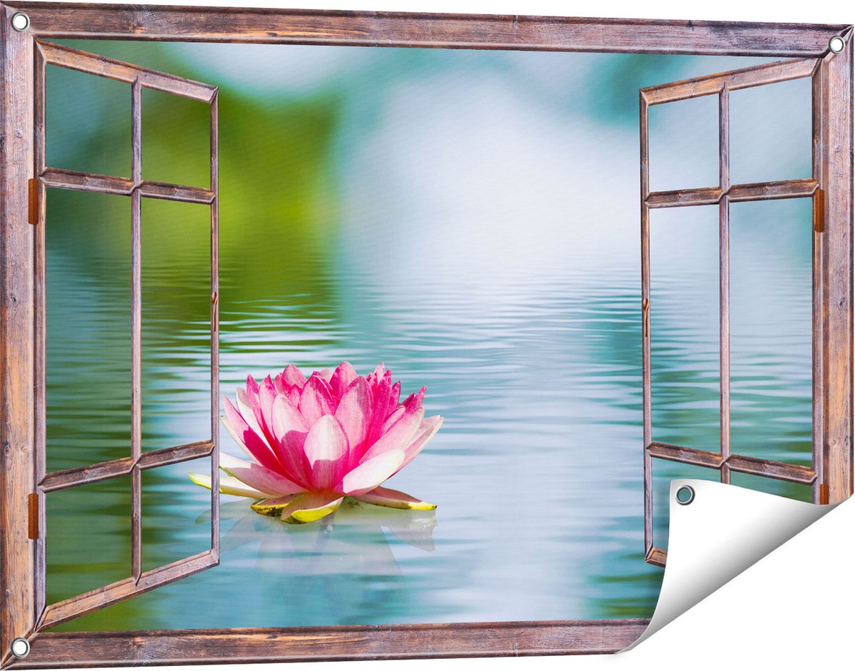 Gards Tuinposter Doorkijk Roze Lotusbloem op het Water - 90x60 cm - Tuindoek - Tuindecoratie - Wanddecoratie buiten - Tuinschilderij Bruin
