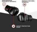 Zwarte Sanabul MMA-handschoenen met tekst over materiaal en bescherming.