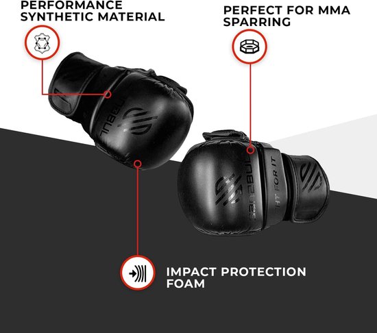 Zwarte Sanabul MMA-handschoenen met tekst over materiaal en bescherming.