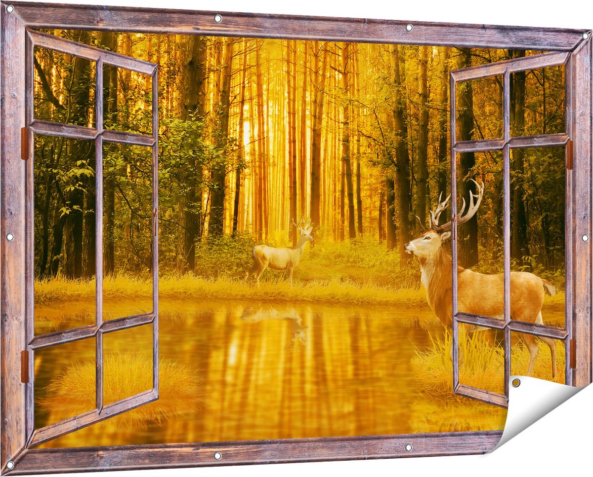 Gards Tuinposter Doorkijk Twee Herten in het Bos bij het Water - 150x100 cm - Tuindoek - Tuindecoratie - Wanddecoratie buiten - Tuinschilderij Bruin
