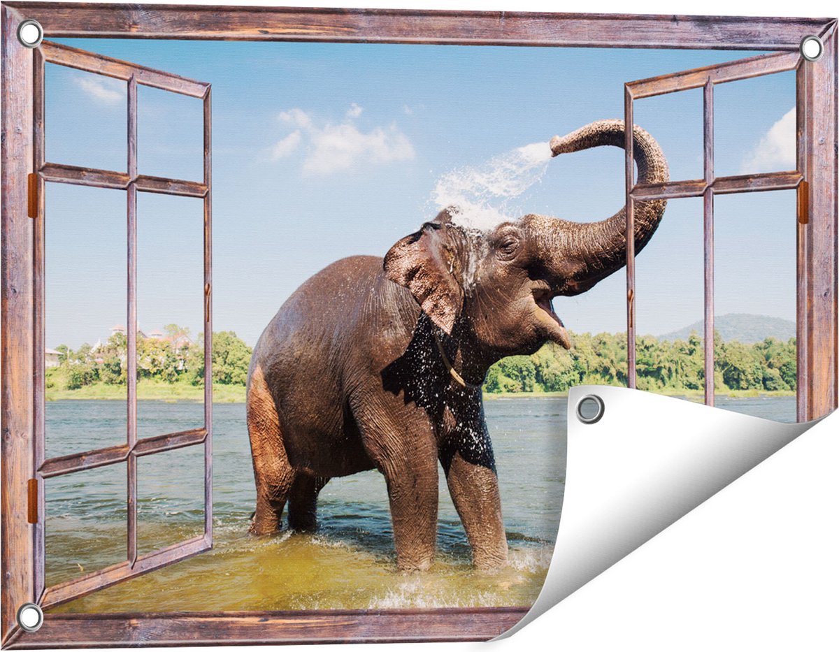 Gards Tuinposter Doorkijk Vrolijke Olifant in het Water - 60x40 cm - Tuindoek - Tuindecoratie - Wanddecoratie buiten - Tuinschilderij