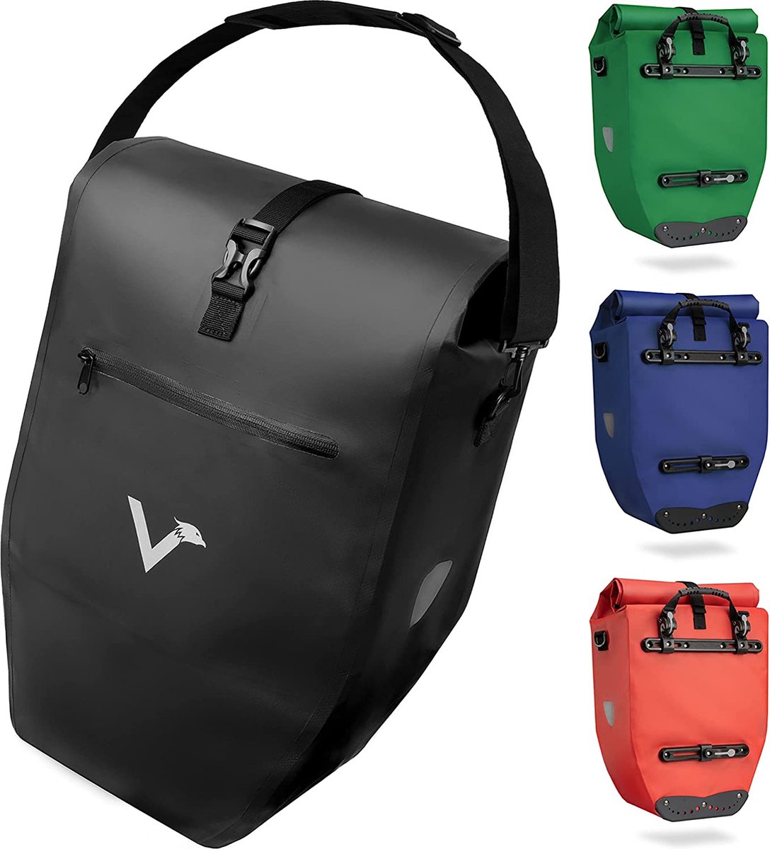 Valkental - ValkBasic 28L - Zwart - Grote en waterdichte bagagedragertas, zwart - fietstas voor bagagedrager met reflectoren in de kleur zwart