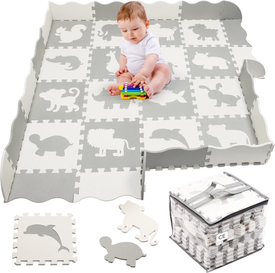 Speelmat Baby XXL – Puzzelmat – Opvouwbaar – Kruipmat - Speelkleed - Speelmat Foam Tegels met hek – Dieren - Incl. Opbergtas