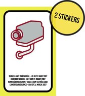Pictogram/ sticker (geel) | 10 x 16 cm | Camerabewaking Wetgeving 21 maart 2007 | 4 talen | Beveiliging | Législation sur la surveillance par caméra Mars 2007 | CCTV | 10 x 16 cm | NL - FR - ENG - DE | Raamsticker | 2 stuks