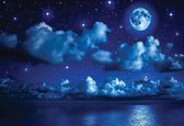 Fotobehang Sky Moon Clouds Stars Night Sea  | XXL - 312cm x 219cm | 130g/m2 Vlies