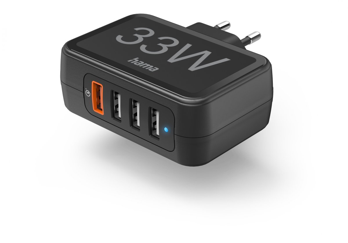 Hama Snellader 4 poorts, 4x USB-A, 33 W Zwart