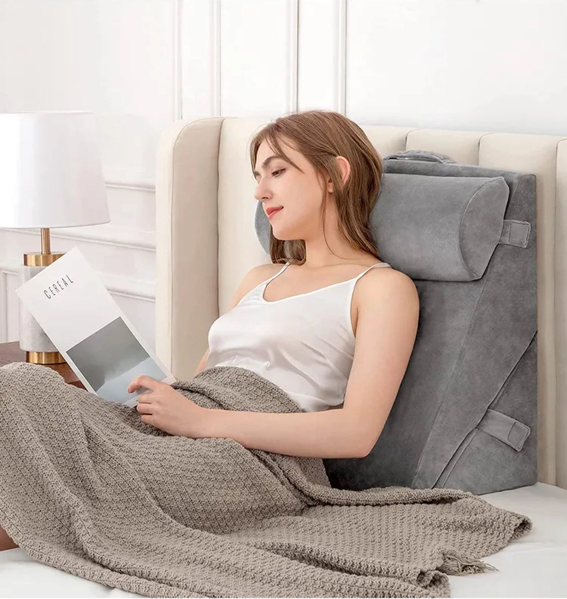 Q-Living Leeskussen - Lekker Lui Lezen Kussen - Leeskussen Voor In Bed - Fluweel Grijs - 2-Delig