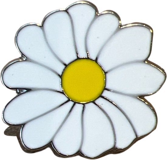 Madelief bloemetjes Emaille Pin 3 cm / 2.6 cm / Wit Geel Zilver