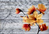 Fotobehang Orange Flowers Wood  | XL - 208cm x 146cm | 130g/m2 Vlies