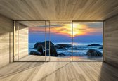 Fotobehang Window Beach Rocks Sea Sunset Sun | XL - 208cm x 146cm | 130g/m2 Vlies