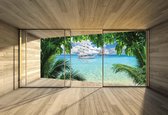Fotobehang Window Beach Tropical Paradise Ship | XXXL - 416cm x 254cm | 130g/m2 Vlies