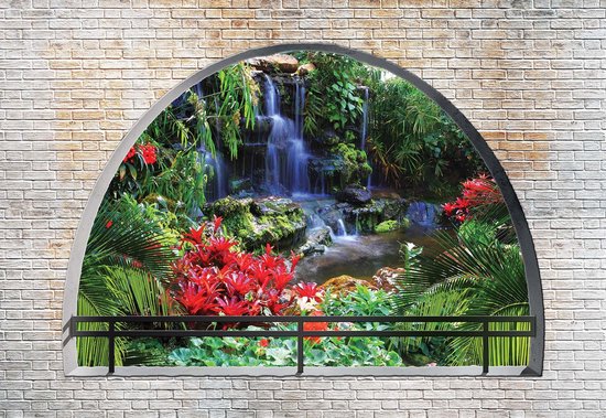 Fotobehang Waterfall Lake Arch View | XXXL - 416cm x 254cm | 130g/m2 Vlies