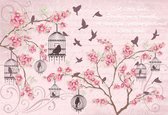 Fotobehang Birds Cherry Blossom Pink | XXL - 312cm x 219cm | 130g/m2 Vlies