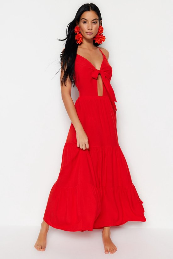 Trendyol Standaard mouw V hals Kiel Rode maxi geweven rugloze strandjurk TBESS23EL00193 bol