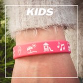 Ikgaopavontuur naambandje - SOS bandje met aanwijsiconen! - siliconen armband - roze 170 x 12 mm - reisbandje voor kinderen - armbandje met naam & telefoonnummer