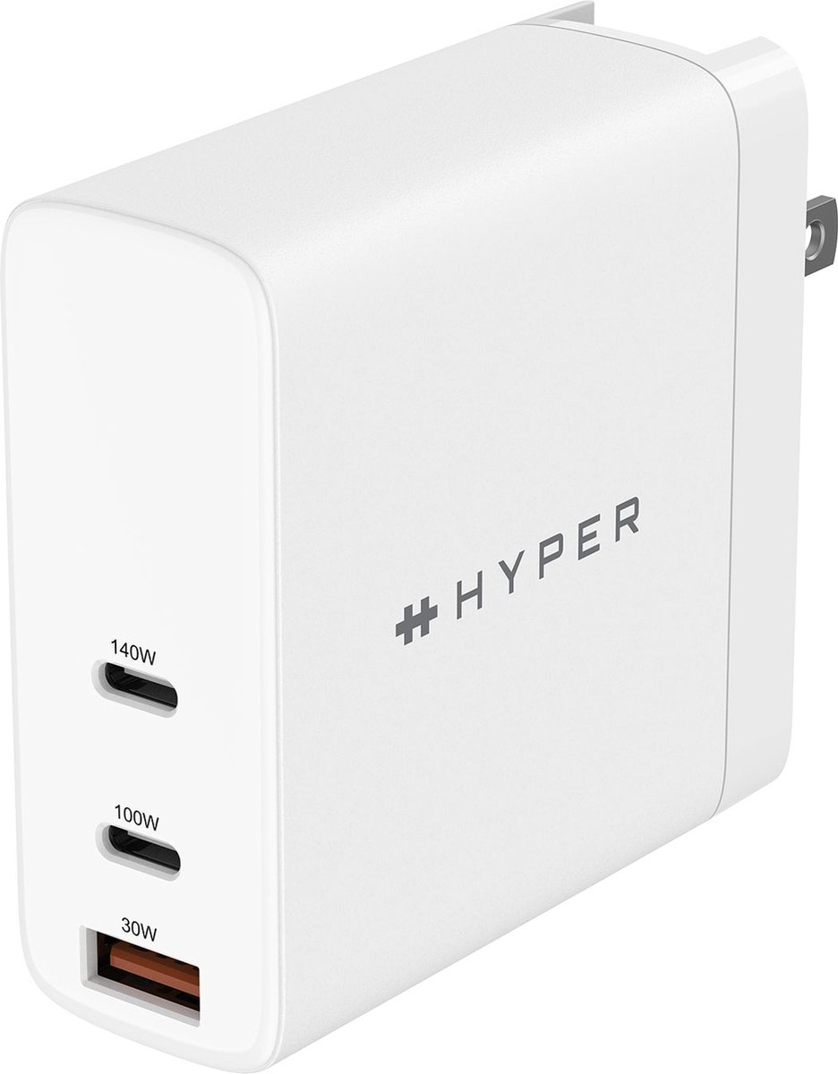 Hyper HyperJuice 3-port GaN Travel Oplader (140W) – 140W USB-C Uitgang – Compatibel met USB-C Apparaten – Meerdere Oplaadprotocollen Ondersteund - Wit
