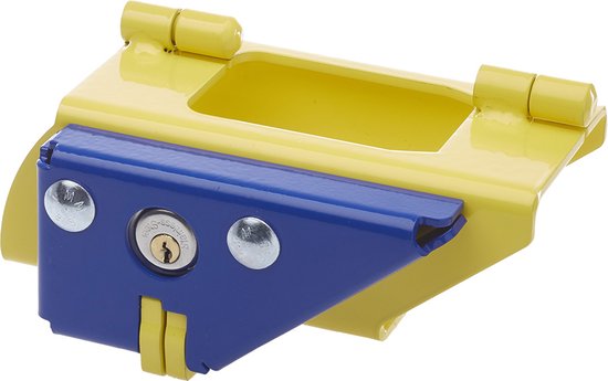 Geel en blauw disselslot voor trekhaak met slot en bevestigingsbouten.