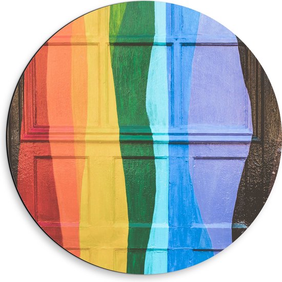 Dibond Muurcirkel - Deur met Regenboogkleurige Versiering - 50x50 cm Foto op Aluminium Muurcirkel (met ophangsysteem)