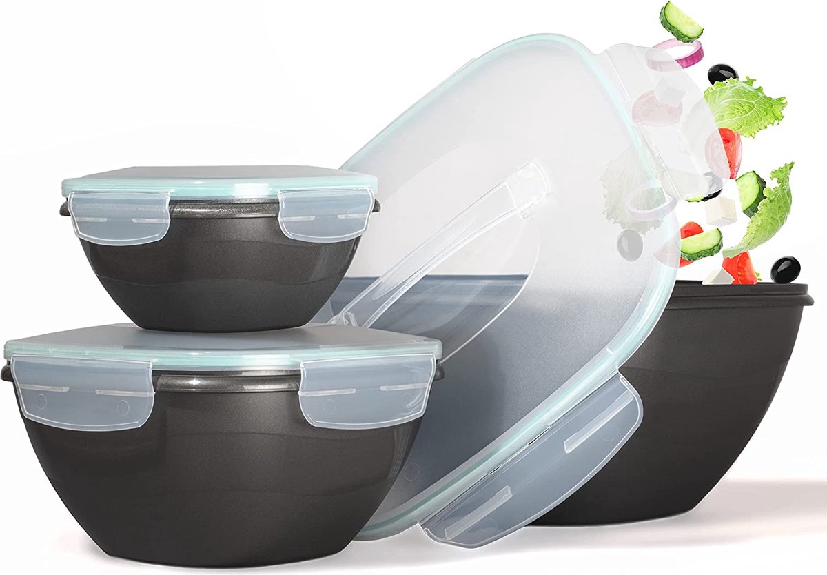 Saladekommenset, groot, met deksel, kommenset 0,7-6,8 l, kommen van kunststof, BPA-vrij, antraciet