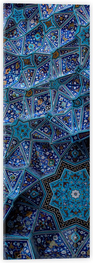 Acrylglas - Blauw Bloemenpatroon op Tegels in Plafond - 20x60 cm Foto op Acrylglas (Wanddecoratie op Acrylaat)