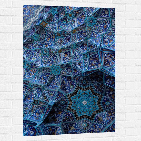 Muursticker - Blauw Bloemenpatroon op Tegels in Plafond - 80x120 cm Foto op Muursticker
