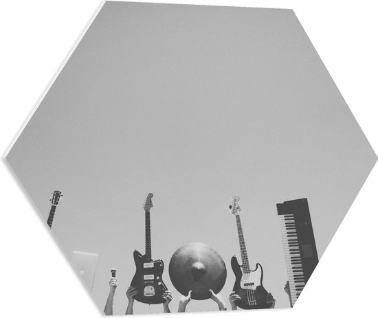 PVC Schuimplaat Hexagon - Verschillende Muziekinstrumenten in Handen van Mensen (Zwart- wit) - 60x52.2 cm Foto op Hexagon (Met Ophangsysteem)