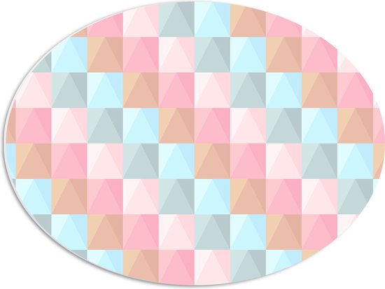 PVC Schuimplaat Ovaal - Blokpatroon van Blauw, Bruin en Roze Vakken - 56x42 cm Foto op Ovaal (Met Ophangsysteem)